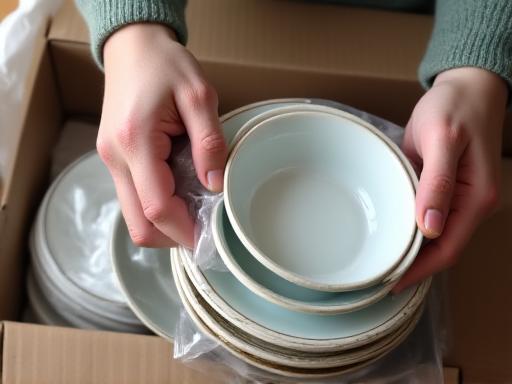Hands carefully wrapping fragile dishes in packing material