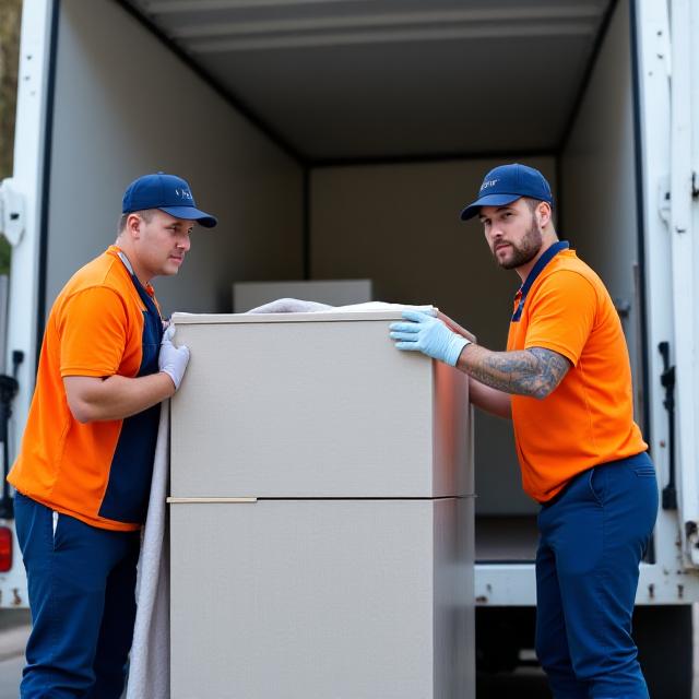 Uniformed moving crew carefully loading furniture into a truck